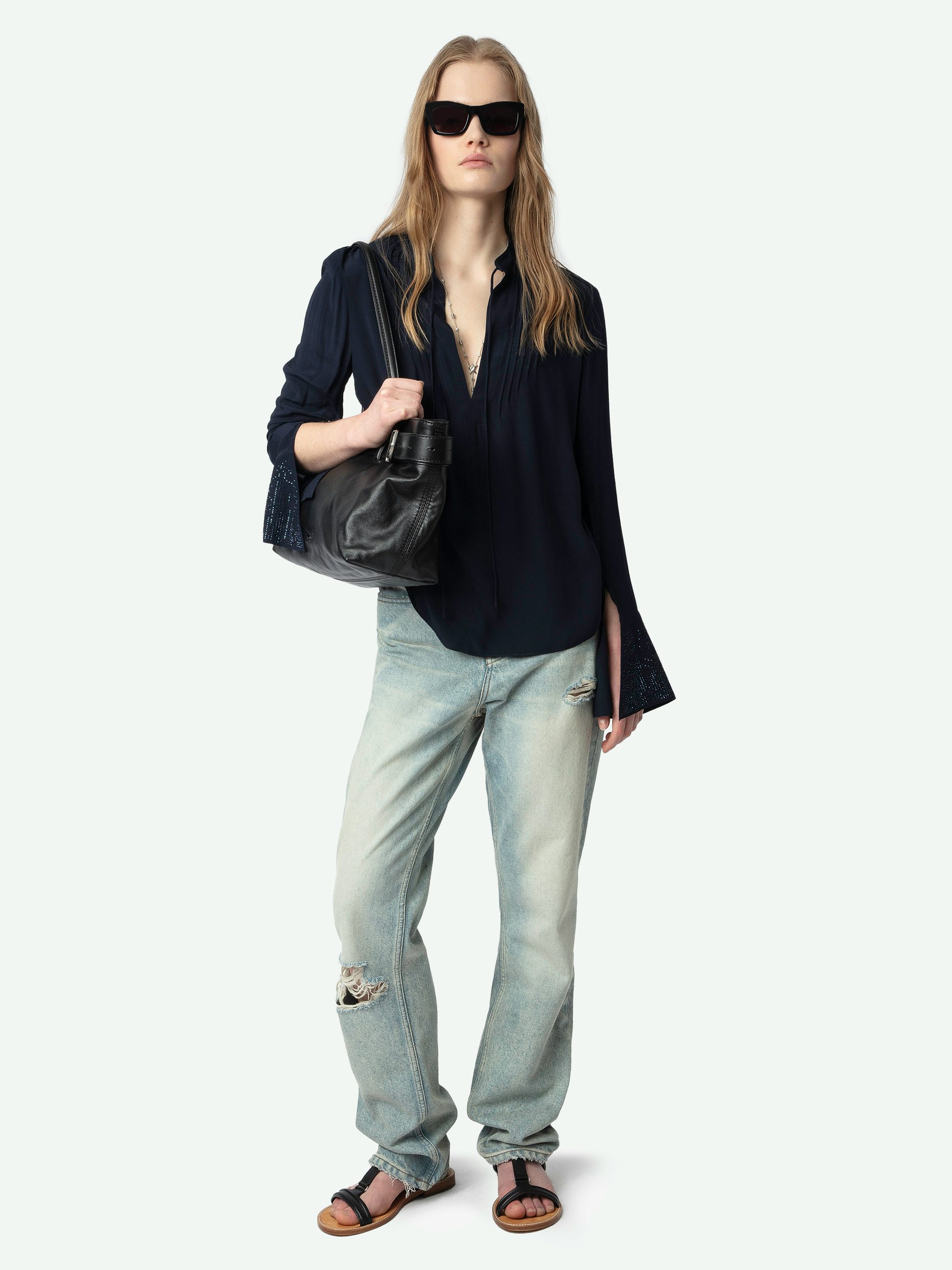 Taika Blouse - Viscose blouse with rhinestone patterns on cuff, long sleeves.